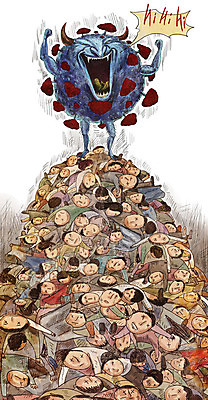 PSD 여자 남자 일러스트 웃음 여러명 바이러스 질병 공격 감기 학대 사회이슈 공포 감염 전염 밟기 전파 몬스터 인플루엔자 코로나바이러스 팬데믹 델타변이바이러스 국내일러스트 다수 컨셉 의학 모션 표정 사람 파일형식