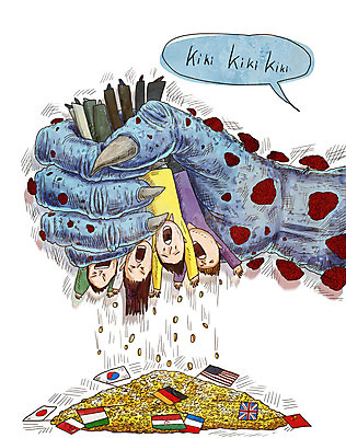 PSD 여자 남자 돈 일러스트 여러명 글로벌 바이러스 국기 질병 공격 감기 학대 사회이슈 공포 감염 전염 전파 몬스터 인플루엔자 털기 코로나바이러스 팬데믹 델타변이바이러스 국내일러스트 다수 컨셉 의학 모션 사람 재산 파일형식