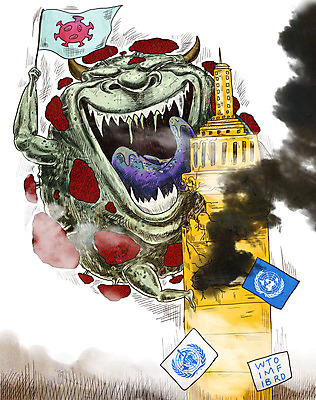 PSD 일러스트 빌딩 사람없음 바이러스 국기 질병 공격 감기 학대 사회이슈 공포 감염 전염 전파 몬스터 인플루엔자 세계보건기구 코로나바이러스 팬데믹 델타변이바이러스 국내일러스트 컨셉 의학 모션 건물 파일형식