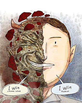 PSD 남자 얼굴 일러스트 한명 바이러스 질병 공격 감기 학대 사회이슈 반쪽 공포 감염 전염 전파 몬스터 인플루엔자 남자한명만 코로나바이러스 팬데믹 델타변이바이러스 국내일러스트 1 컨셉 의학 모션 사람 신체부위 남자만 파일형식