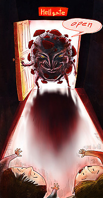 PSD 여자 남자 일러스트 두명 오픈 바이러스 질병 공격 감기 학대 사회이슈 공포 감염 전염 전파 몬스터 비명 인플루엔자 지옥 코로나바이러스 팬데믹 델타변이바이러스 국내일러스트 컨셉 의학 모션 사람 파일형식