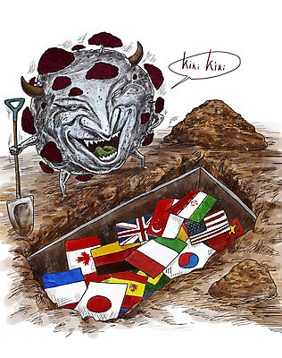 PSD 일러스트 사람없음 흙 무덤 바이러스 국기 질병 공격 땅 감기 삽 학대 사회이슈 공포 감염 관 전염 전파 몬스터 인플루엔자 코로나바이러스 팬데믹 델타변이바이러스 국내일러스트 컨셉 의학 모션 파일형식