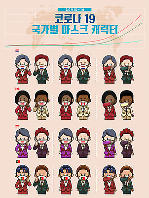 캐릭터 여자 남자 캐나다 일러스트 마스크 여러명 성인 오스트리아 바이러스 국기 포르투갈 사회이슈 네덜란드 기침 코로나바이러스 델타변이바이러스 일러캐릭터 AI파일 유럽 다수 컨셉 북아메리카 사람 파일형식 벡터