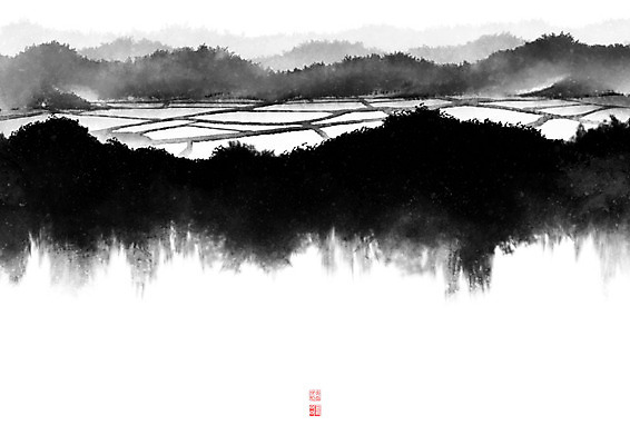 PSD 길 밭 일러스트 캘리그라피 붓터치 산 논 풍경 사람없음 동양화 언덕 번짐 낙관 논길 국내일러스트 농업 미술 파일형식 효과