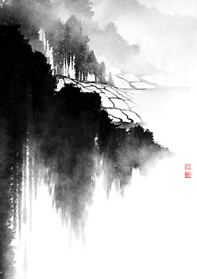 PSD 길 밭 일러스트 캘리그라피 붓터치 산 논 풍경 사람없음 동양화 언덕 번짐 낙관 논길 국내일러스트 농업 미술 파일형식 효과