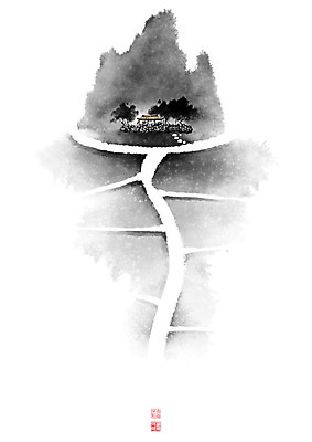 PSD 나무 길 밭 일러스트 캘리그라피 붓터치 산 주택 논 풍경 사람없음 담장 동양화 언덕 번짐 낙관 논길 국내일러스트 식물 농업 미술 건물 파일형식 효과