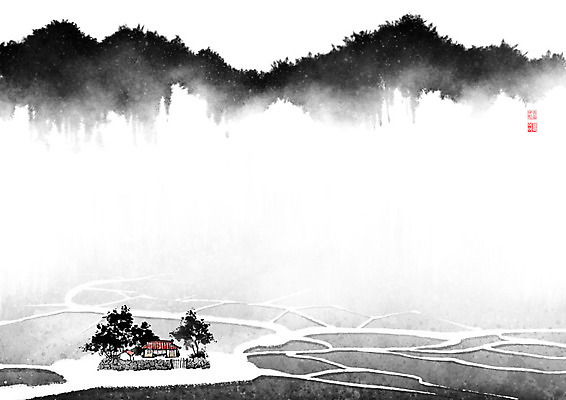 PSD 나무 길 밭 일러스트 캘리그라피 붓터치 산 주택 논 풍경 사람없음 담장 동양화 언덕 번짐 낙관 논길 국내일러스트 식물 농업 미술 건물 파일형식 효과