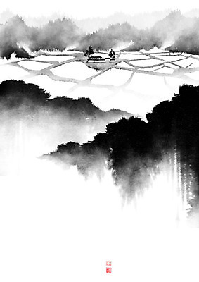 PSD 나무 길 밭 일러스트 캘리그라피 붓터치 산 주택 논 풍경 사람없음 동양화 언덕 번짐 낙관 논길 국내일러스트 식물 농업 미술 건물 파일형식 효과