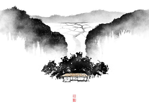 PSD 나무 길 밭 일러스트 캘리그라피 붓터치 산 주택 논 풍경 사람없음 동양화 언덕 번짐 낙관 논길 국내일러스트 식물 농업 미술 건물 파일형식 효과