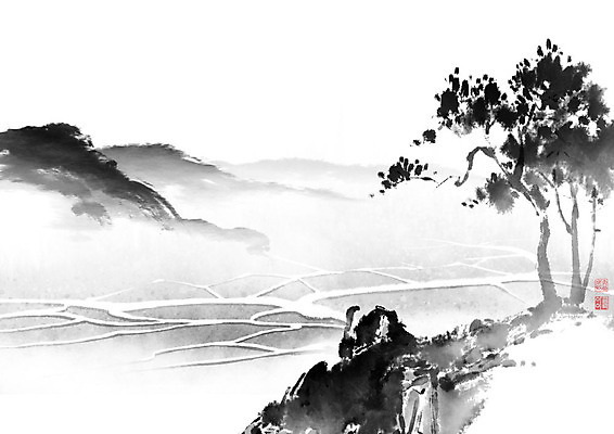 PSD 나무 길 밭 일러스트 캘리그라피 붓터치 산 논 풍경 사람없음 동양화 언덕 번짐 낙관 논길 국내일러스트 식물 농업 미술 파일형식 효과