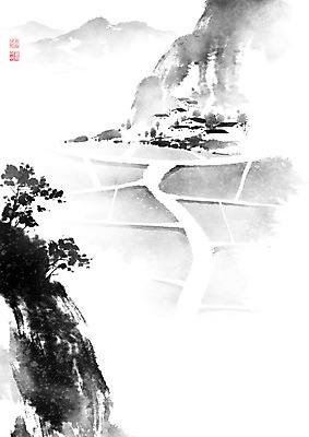 PSD 나무 길 밭 일러스트 캘리그라피 붓터치 산 주택 논 풍경 사람없음 동양화 언덕 번짐 낙관 논길 국내일러스트 식물 농업 미술 건물 파일형식 효과