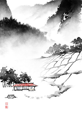 PSD 나무 길 밭 일러스트 캘리그라피 붓터치 산 주택 논 풍경 사람없음 동양화 언덕 번짐 낙관 우물 논길 국내일러스트 식물 농업 미술 건물 파일형식 효과