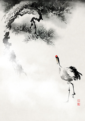 PSD 나무 한마리 일러스트 캘리그라피 붓터치 사람없음 학 안개 소나무 동양화 번짐 솔잎 낙관 국내일러스트 식물 1 잎 조류 날씨 미술 파일형식 효과