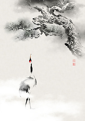 PSD 나무 한마리 일러스트 캘리그라피 붓터치 사람없음 학 안개 소나무 동양화 번짐 솔잎 낙관 국내일러스트 식물 1 잎 조류 날씨 미술 파일형식 효과