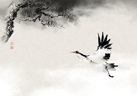 PSD 나무 한마리 날개 일러스트 캘리그라피 붓터치 사람없음 학 안개 비행 소나무 동양화 번짐 솔잎 낙관 국내일러스트 식물 1 잎 조류 날씨 미술 파일형식 효과