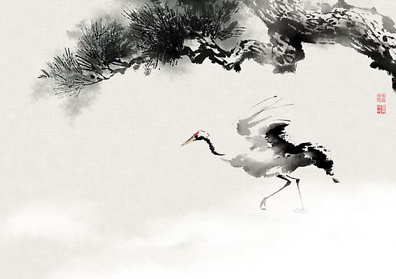 PSD 나무 한마리 날개 일러스트 캘리그라피 붓터치 사람없음 학 안개 소나무 동양화 번짐 솔잎 낙관 국내일러스트 식물 1 잎 조류 날씨 미술 파일형식 효과