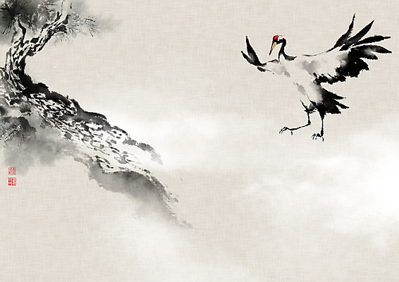 PSD 나무 한마리 날개 일러스트 캘리그라피 붓터치 사람없음 학 안개 비행 소나무 동양화 번짐 솔잎 낙관 국내일러스트 식물 1 잎 조류 날씨 미술 파일형식 효과