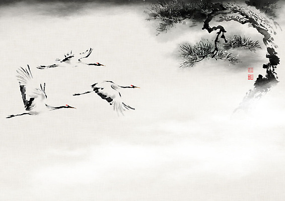 PSD 나무 날개 일러스트 캘리그라피 붓터치 세마리 사람없음 학 안개 비행 소나무 동양화 번짐 솔잎 낙관 날갯짓 국내일러스트 식물 잎 조류 날씨 3 미술 파일형식 효과