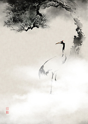 PSD 나무 한마리 일러스트 캘리그라피 붓터치 사람없음 학 안개 소나무 동양화 번짐 솔잎 낙관 국내일러스트 식물 1 잎 조류 날씨 미술 파일형식 효과