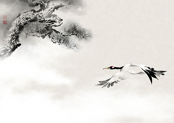 PSD 나무 한마리 날개 일러스트 캘리그라피 붓터치 사람없음 학 안개 비행 소나무 동양화 번짐 솔잎 낙관 날갯짓 국내일러스트 식물 1 잎 조류 날씨 미술 파일형식 효과