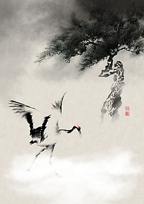 PSD 나무 한마리 날개 일러스트 캘리그라피 붓터치 사람없음 학 안개 소나무 동양화 번짐 솔잎 낙관 국내일러스트 식물 1 잎 조류 날씨 미술 파일형식 효과