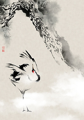 PSD 나무 한마리 날개 일러스트 캘리그라피 붓터치 사람없음 학 안개 소나무 동양화 번짐 솔잎 낙관 국내일러스트 식물 1 잎 조류 날씨 미술 파일형식 효과