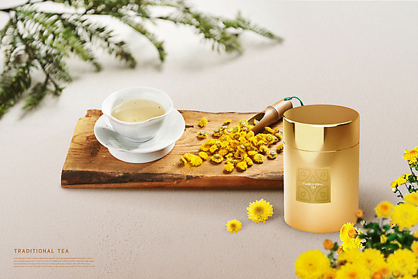 PSD 편집이미지 꽃잎 백그라운드 잎 국화 따뜻함 사람없음 차 전통차 패키지 국화차 나무도마 카피스페이스 이미지편집 식물 꽃 음료 도마 목재 차_음료 공백 파일형식