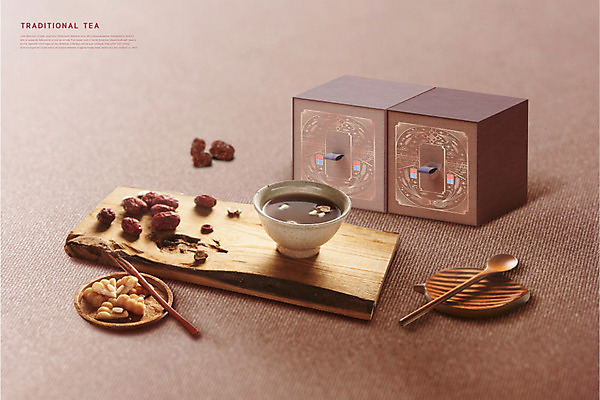 PSD 편집이미지 백그라운드 따뜻함 사람없음 갈색 숟가락 차 전통차 대추 호두 패키지 잣 약과 나무도마 대추차 카피스페이스 이미지편집 음료 컬러 도마 수저 목재 차_음료 공백 전통음식 견과류 파일형식