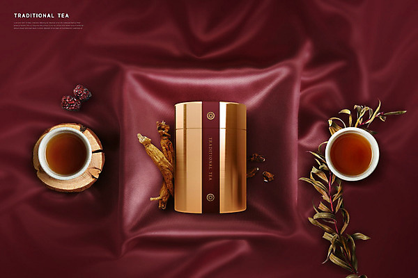 PSD 편집이미지 백그라운드 따뜻함 사람없음 빨간색 약재 차 전통차 찻잔 대추 패키지 홍삼 카피스페이스 이미지편집 음료 컬러 잔 차_음료 약 공백 삼 파일형식