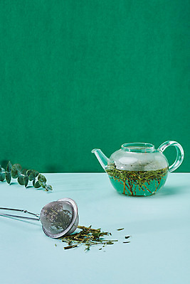 포토 JPG 스튜디오촬영 주전자 실내 건강 사람없음 약재 차 찻주전자 유칼립투스 한방차 초록배경 야관문 국내포토 식물 음료 백그라운드 주방용품 내부 초록색 차_음료 약 전통차 약초 파일형식