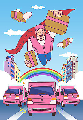 전신 PSD 구름 남자 도로 무지개 날개 일러스트 하늘 한명 건물 상자 트럭 비행 택배기사 택배 슈퍼맨 택배상자 남자한명만 국내일러스트 자연요소 1 건축물 길 교통시설 자동차 사람 운송업 배달원 영웅 남자만 파일형식