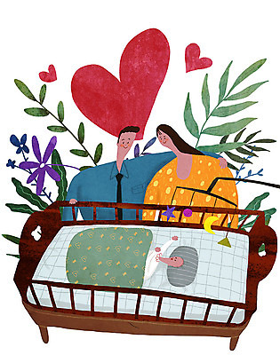 PSD 여자 남자 꽃 행복 일러스트 가족 사랑 사람 상반신 성인 세명 부모 자녀 하트 아기 출산 풀 모빌 아기침대 국내일러스트 모양 식물 감정 관계 아기용품 침대 파일형식