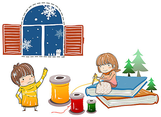 EPS 사계절 계절 여자 어린이교육 교육 남자 어린이 겨울 일러스트 창문 자연 놀이 방학 실내 사람 소녀 소년 두명 책 뜨개질 털실 야간 겨울방학 어린이만 국내일러스트 자연요소 휴가 취미 내부 실 생태계 파일형식 벡터