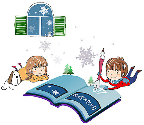 EPS 사계절 계절 여자 어린이교육 교육 남자 어린이 겨울 일러스트 창문 자연 놀이 방학 눈꽃 실내 사람 소녀 소년 두명 책 펜 기록 눈송이 야간 겨울방학 방학숙제 어린이만 국내일러스트 자연요소 휴가 눈_날씨 내부 필기구 생태계 과제 파일형식 벡터