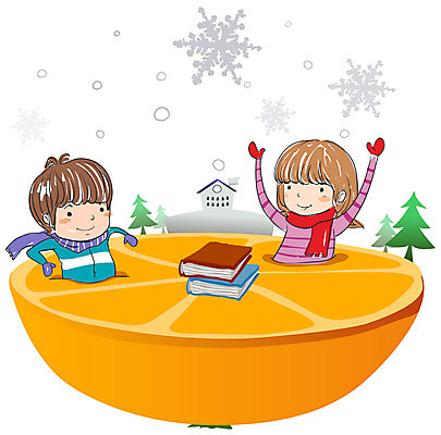 EPS 사계절 계절 여자 어린이교육 교육 남자 어린이 겨울 일러스트 상상 자연 놀이 방학 귤 눈꽃 사람 소녀 소년 두명 책 눈송이 겨울방학 어린이만 국내일러스트 과일 휴가 눈_날씨 생태계 파일형식 벡터