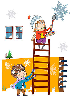 EPS 사계절 계절 여자 어린이교육 교육 남자 어린이 겨울 일러스트 사다리 창문 자연 놀이 방학 눈꽃 미술 사람 소녀 소년 두명 눈 붓 눈송이 그리기 팔레트 그림 겨울방학 어린이만 국내일러스트 자연요소 모션 날씨 휴가 문화예술 눈_날씨 도구 생태계 파일형식 벡터