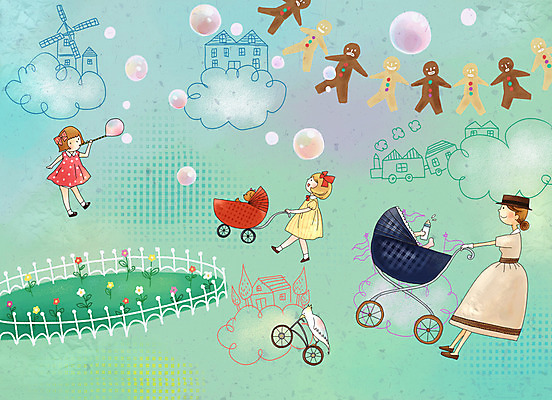 PSD 여자 어린이 인형 꽃밭 일러스트 상상 페인터 조류 동화 수채화 사람 소녀 이벤트 잔디 세명 울타리 판타지 쿠키 과자 자전거 비행 비눗방울 낙서 수제그림 유모차 유모 여자만 어린이만 소녀만 국내일러스트 식물 동물 꽃 페인팅 디저트 담장 바이크 아기용품 파일형식