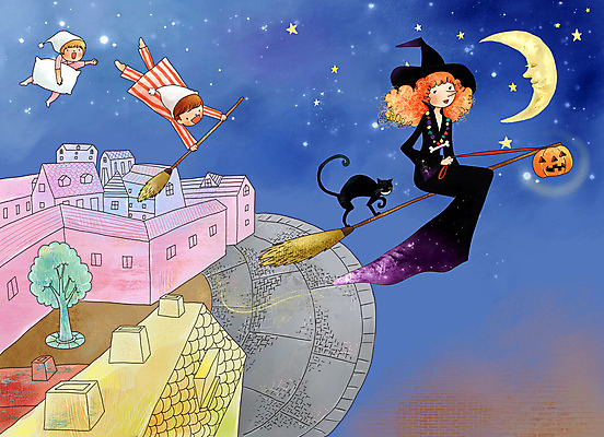 PSD 나무 여자 남자 별 어린이 야경 일러스트 상상 페인터 동화 수채화 사람 소녀 이벤트 소년 야외 건물 세명 판타지 마을 고양이 꿈 잠옷 달 비행 초승달 빗자루 마녀 수제그림 꿈나라 어린이만 국내일러스트 자연요소 식물 건축물 옷 포유류 페인팅 반려동물 야간 청소도구 파일형식 풍경_경치