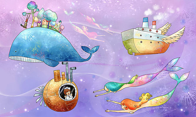 PSD 나무 여자 어린이 바다 여행 날개 일러스트 상상 페인터 동화 수채화 사람 소녀 여러명 판타지 바닷속 해저 탐험 잠수함 고래 수제그림 탐사 인어공주 인어 선박 여자만 어린이만 소녀만 국내일러스트 식물 다수 수상교통 포유류 페인팅 수중 수중동물 공주님 파일형식