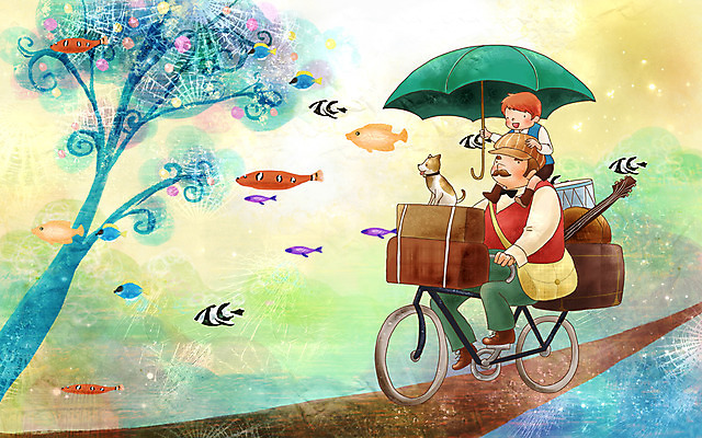 PSD 나무 남자 길 어린이 악기 여행 일러스트 우산 상상 페인터 현악기 동화 수채화 어류 사람 이벤트 소년 두명 판타지 자전거 산책 짐 기타 개 강아지 열대어 아저씨 수제그림 남자만 어린이만 소년만 국내일러스트 식물 음악 포유류 페인팅 휴식 반려동물 바이크 수중동물 파일형식