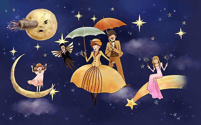 PSD 여자 남자 별 어린이 일러스트 우산 상상 페인터 동화 수채화 요정 사람 소녀 이벤트 여러명 야외 판타지 로켓 달 비행 야간 초승달 유성 양산 수제그림 여신 어린이만 국내일러스트 자연요소 다수 페인팅 파일형식