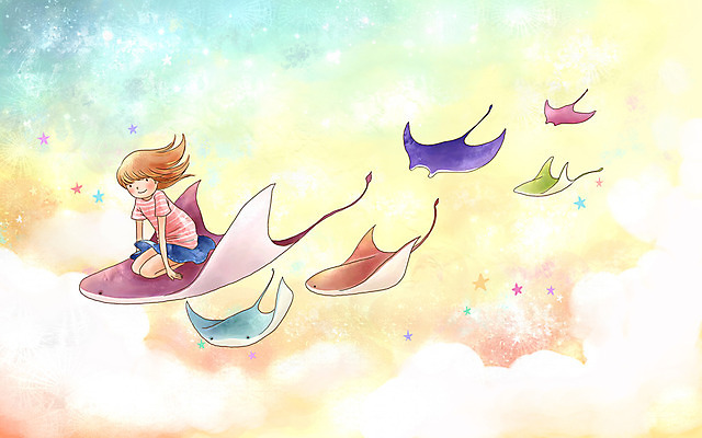PSD 여자 초등학생 어린이 여행 일러스트 상상 페인터 하늘 동화 수채화 어류 한명 사람 소녀 이벤트 판타지 탐험 비행 수제그림 가오리 쥐가오리 파스텔톤 여자만 여자한명만 어린이만 소녀만 소녀한명만 국내일러스트 1 학생 컬러 페인팅 수중동물 파일형식