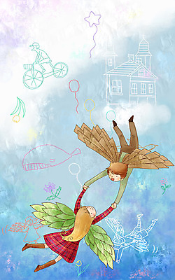 PSD 여자 남자 어린이 여행 날개 일러스트 상상 페인터 하늘 동화 수채화 사람 소녀 이벤트 소년 두명 판타지 탐험 도전 비행 낙서 수제그림 어린이만 국내일러스트 페인팅 파일형식