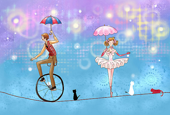 PSD 여자 남자 일러스트 우산 상상 페인터 동화 수채화 사람 이벤트 두명 판타지 자전거 고양이 묘기 서커스 균형 발레리나 양산 수제그림 외발자전거 외줄타기 국내일러스트 포유류 페인팅 반려동물 바이크 발레 줄타기 파일형식