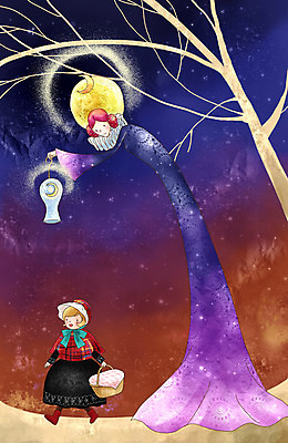 PSD 나무 계절 여자 여행 겨울 일러스트 상상 페인터 동화 조명 수채화 사람 야외 두명 빛 판타지 꿈 보름달 달 야간 수제그림 여신 여자만 국내일러스트 자연요소 식물 페인팅 파일형식