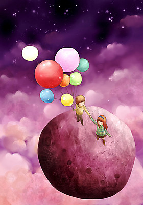 PSD 구름 여자 남자 별 어린이 여행 일러스트 상상 페인터 동화 수채화 사랑 사람 소녀 이벤트 소년 두명 판타지 하이앵글 꿈 도전 비행 수제그림 풍선 어린이만 국내일러스트 자연요소 감정 뷰포인트 페인팅 파일형식