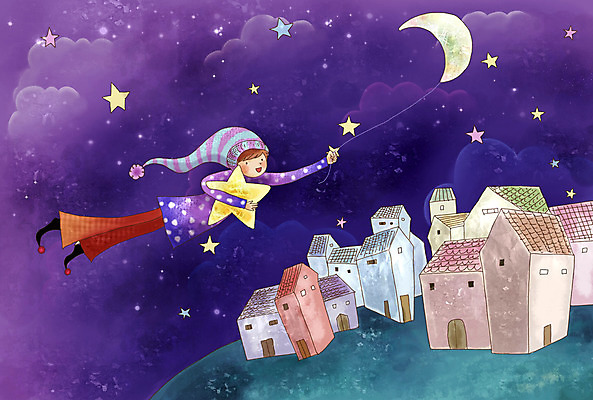 PSD 남자 별 초등학생 어린이 여행 일러스트 상상 페인터 동화 수채화 주택 한명 사람 이벤트 소년 야외 건물 판타지 마을 꿈 도전 달 비행 야간 수제그림 풍선 남자만 남자한명만 어린이만 소년만 소년한명만 국내일러스트 자연요소 1 학생 건축물 페인팅 파일형식