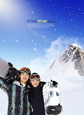 PSD 편집 편집이미지 커플 여자 남자 설경 겨울 하늘 레저 겨울스포츠 산 사람 상반신 두명 눈 스노우보드 합성 이미지편집 자연요소 계절 스포츠 관계 날씨 풍경 보드_스포츠 파일형식
