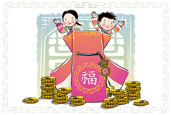 EPS 템플릿 문자 여자 명절 남자 어린이 돈 카드템플릿 근하신년 새해 복주머니 사람 소녀 소년 상반신 두명 설날 전통문양 한자 전통의상 한복 연하장 엽전 어린이만 이미지템플릿 카드프레임 한국전통 전통 문양 기념일 카드_감사 프레임 전통소품 동전 재산 파일형식 벡터