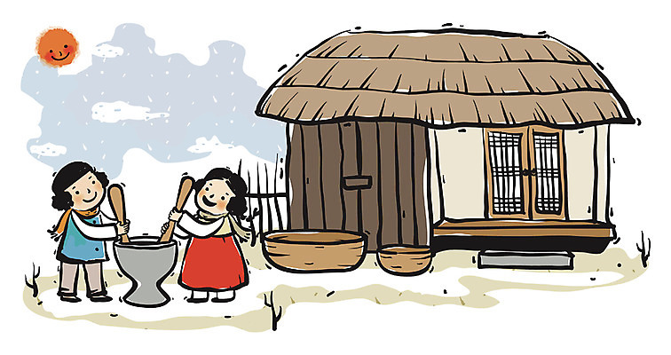 EPS 주간 구름 캐릭터 한국전통 여자 남자 어린이 백그라운드 고건축 일러스트 근하신년 새해 주택 초가집 사람 소녀 소년 야외 두명 라이프 울타리 태양 바구니 광주리 방망이 동양화 절구 어린이만 일러캐릭터 자연요소 전통 건축물 한옥 한국 미술 건물 생활 담장 도구 파일형식 벡터